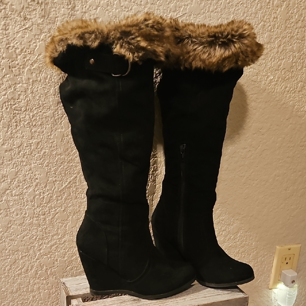 Qupid Black Over the Knee Boots with Faux Fur Trim